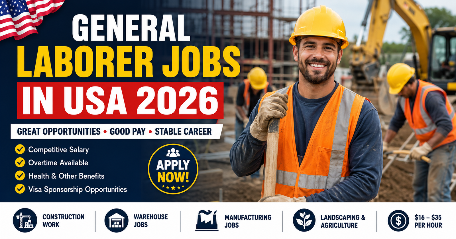 General Laborer Jobs in USA 2026 working at a construction site