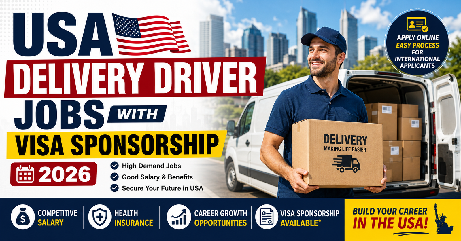 Delivery driver loading packages into a delivery van in the USA before starting a delivery route.