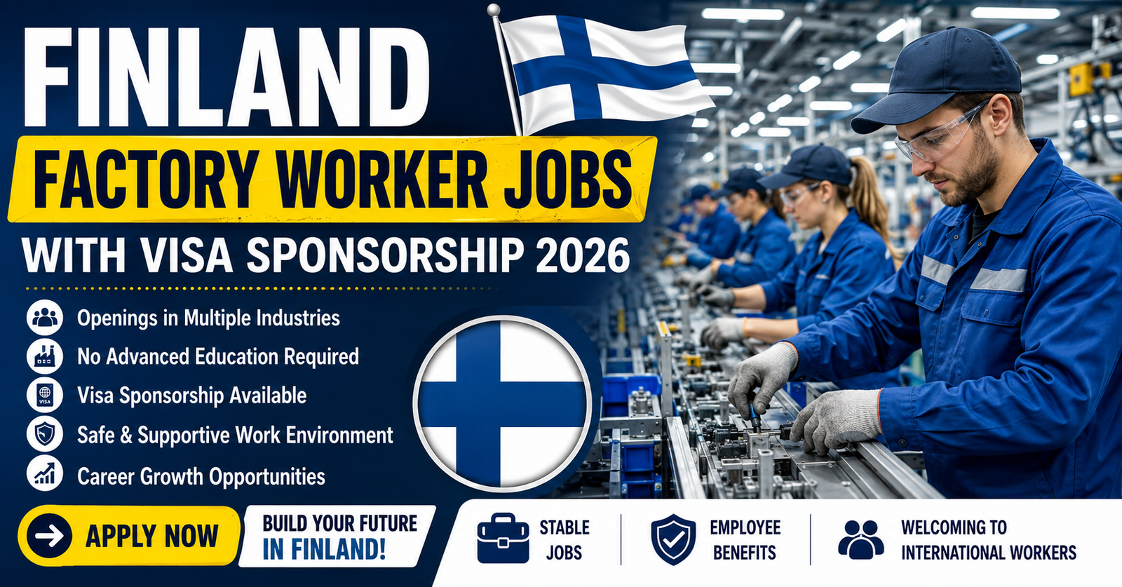 Finland Factory Worker Jobs with Visa Sponsorship 2026 in a modern manufacturing facility.